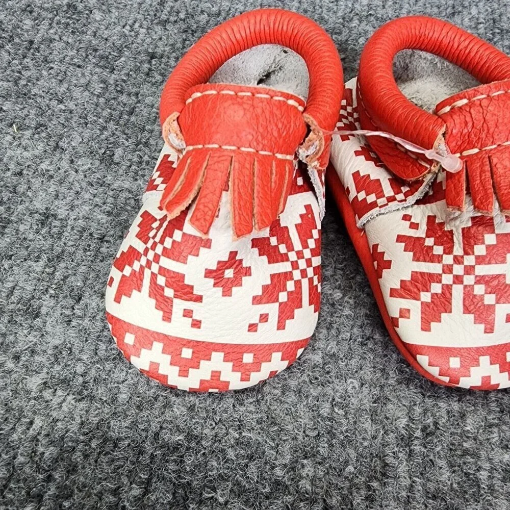 Freshly Picked Baby City Moccasins size 1 Red and white Fringe Leather Christmas